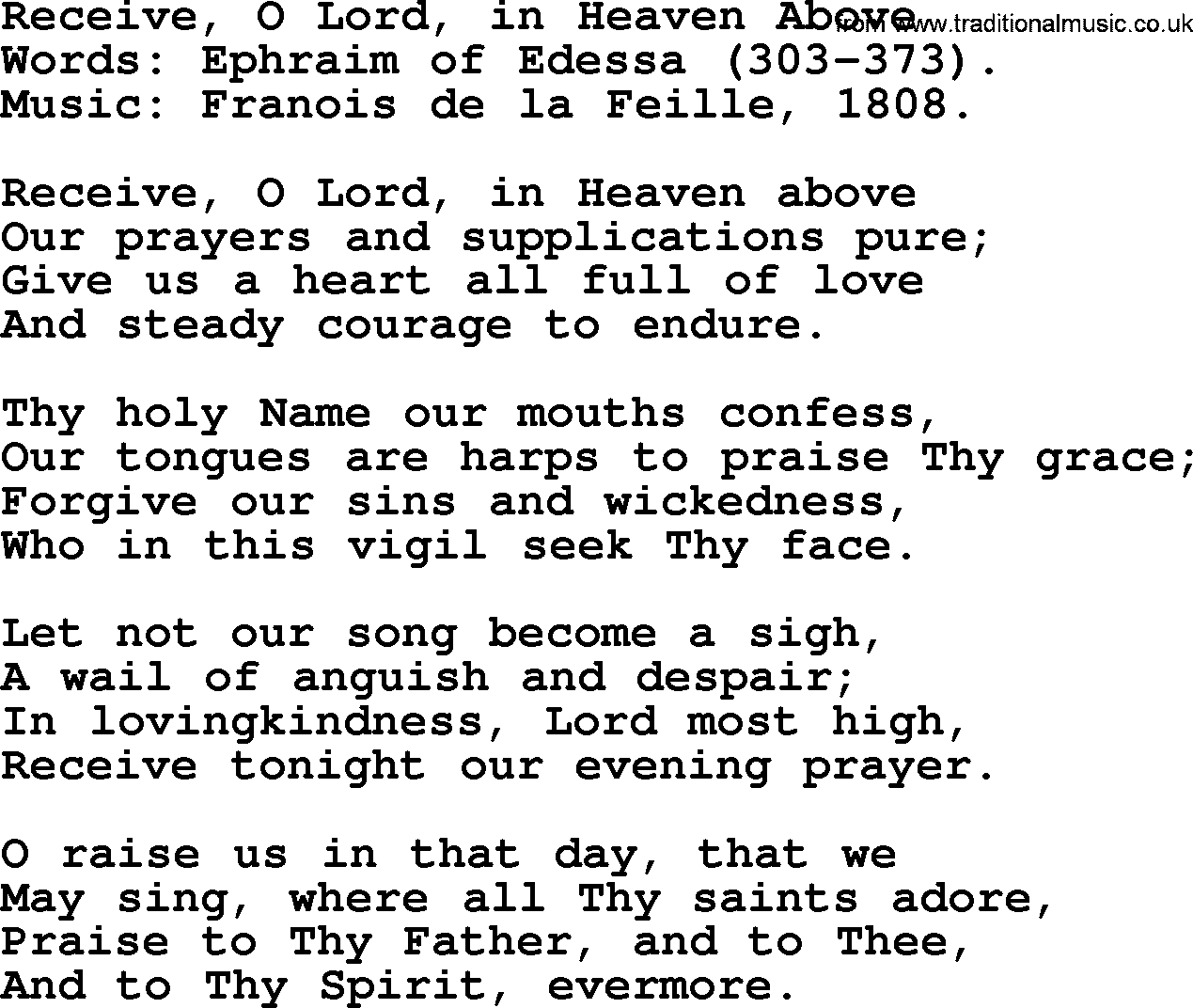 Forgiveness hymns, Hymn: Receive, O Lord, In Heaven Above, lyrics with PDF