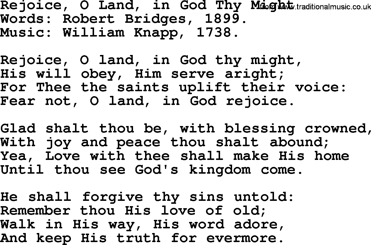 Forgiveness hymns, Hymn: Rejoice, O Land, In God Thy Might, lyrics with PDF