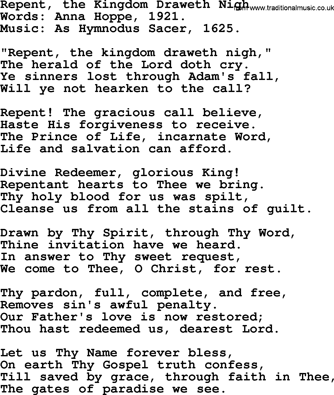 Forgiveness hymns, Hymn: Repent, The Kingdom Draweth Nigh, lyrics with PDF