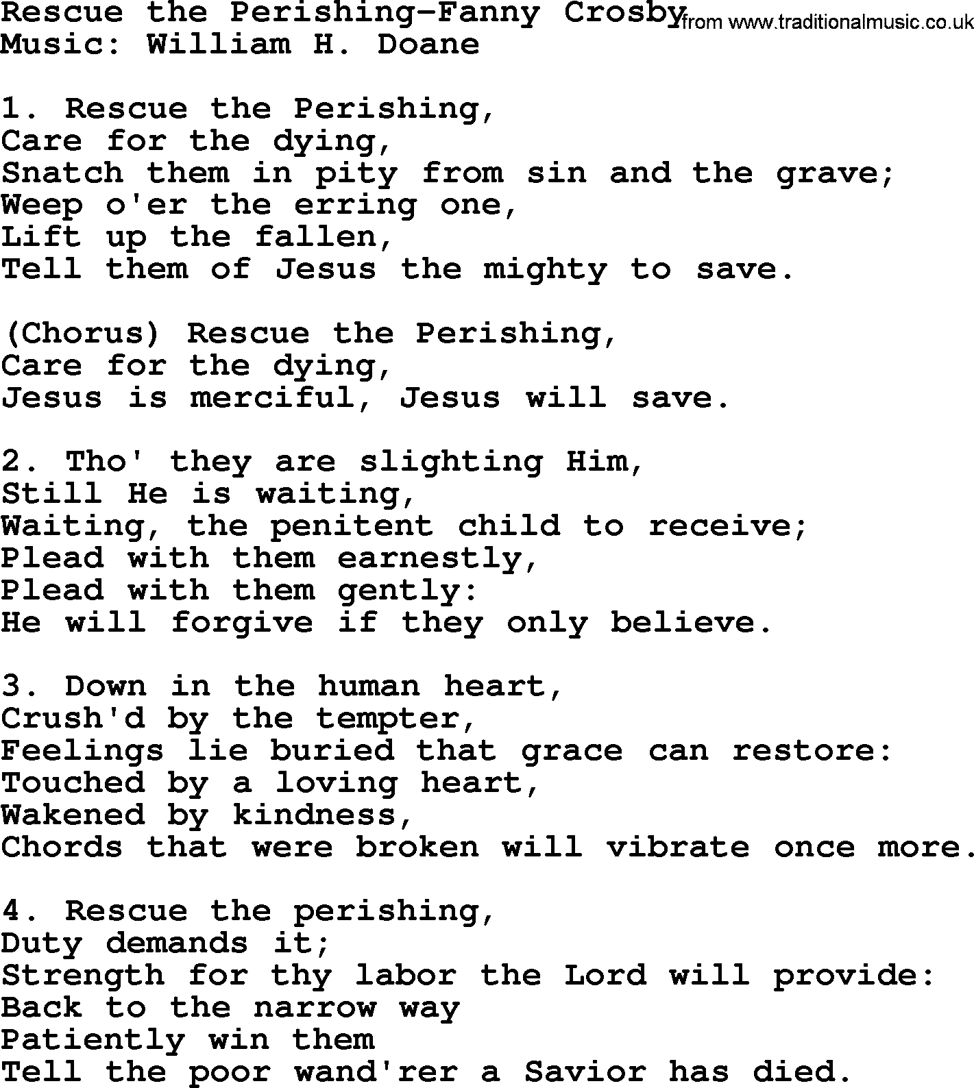 Forgiveness hymns, Hymn: Rescue The Perishing-Fanny Crosby, lyrics with PDF
