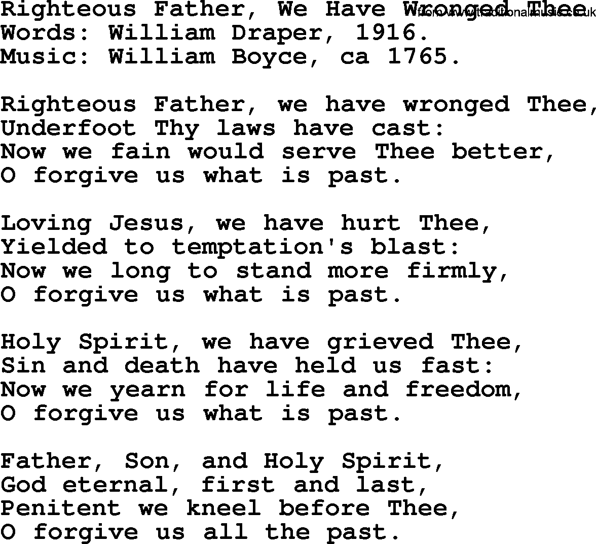 Forgiveness hymns, Hymn: Righteous Father, We Have Wronged Thee, lyrics with PDF