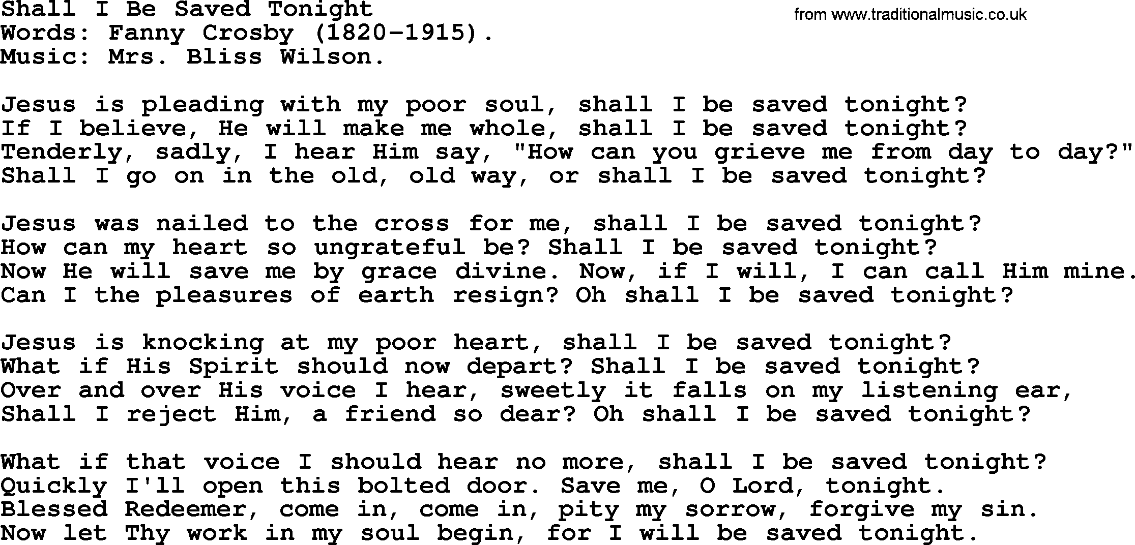 Forgiveness hymns, Hymn: Shall I Be Saved Tonight, lyrics with PDF
