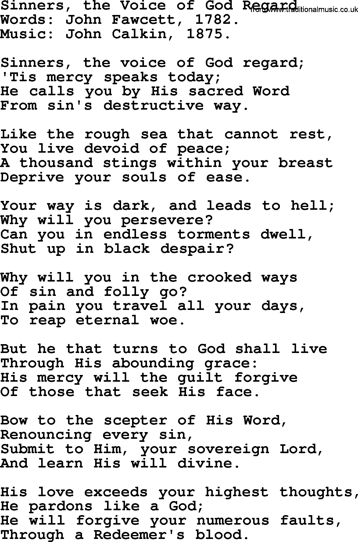Forgiveness hymns, Hymn: Sinners, The Voice Of God Regard, lyrics with PDF