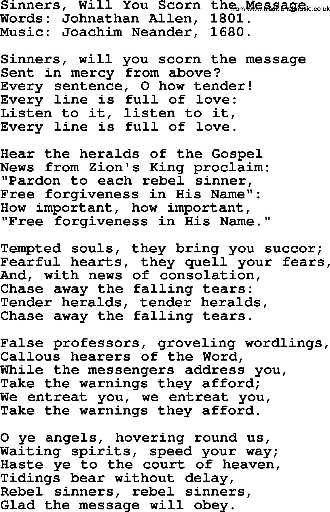 Forgiveness hymns, Hymn: Sinners, Will You Scorn The Message, lyrics with PDF