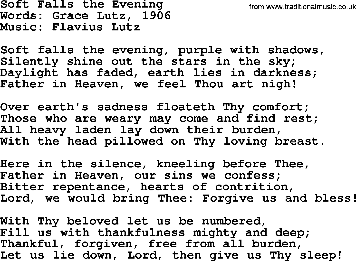 Forgiveness hymns, Hymn: Soft Falls The Evening, lyrics with PDF