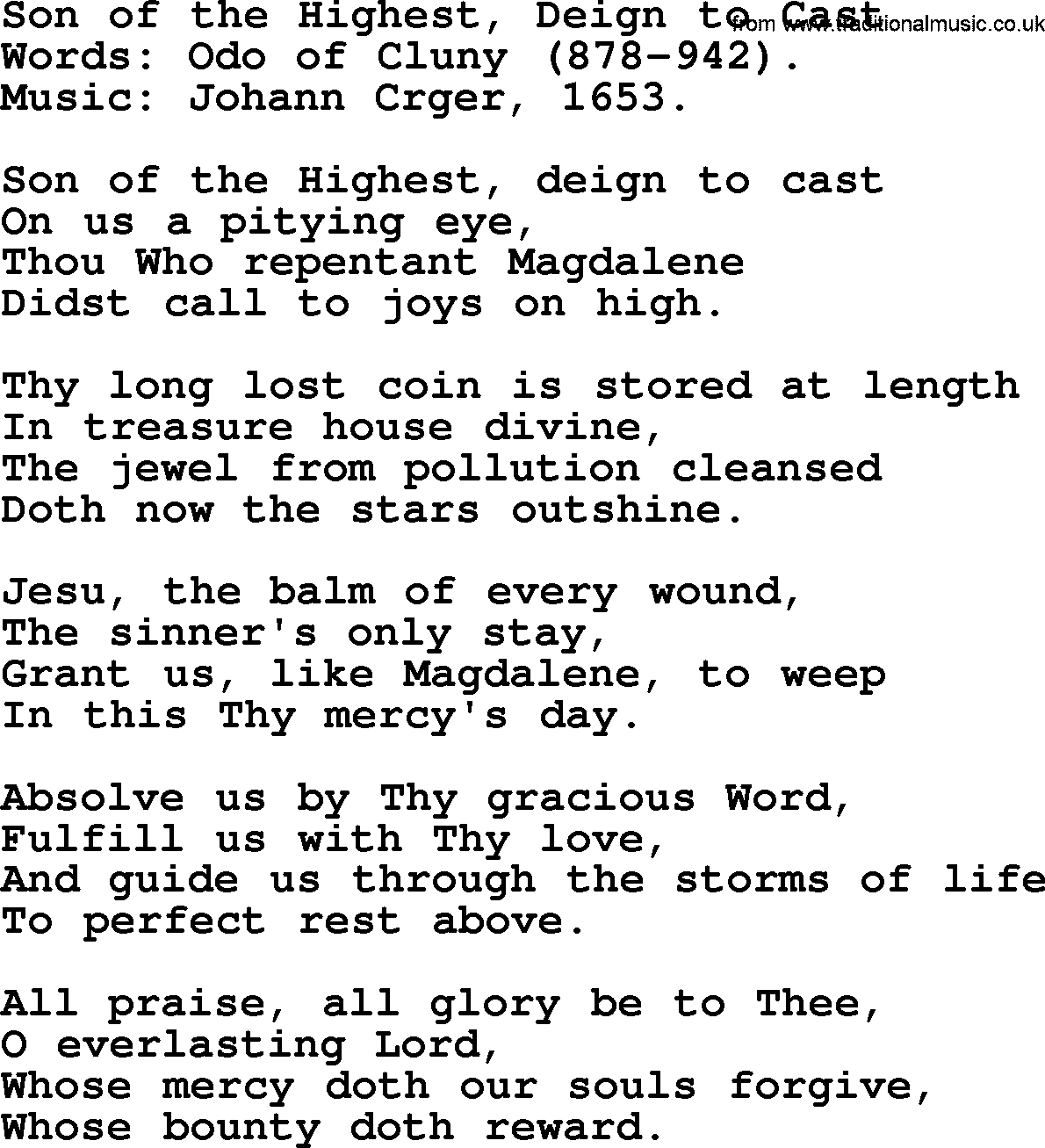 Forgiveness hymns, Hymn: Son Of The Highest, Deign To Cast, lyrics with PDF