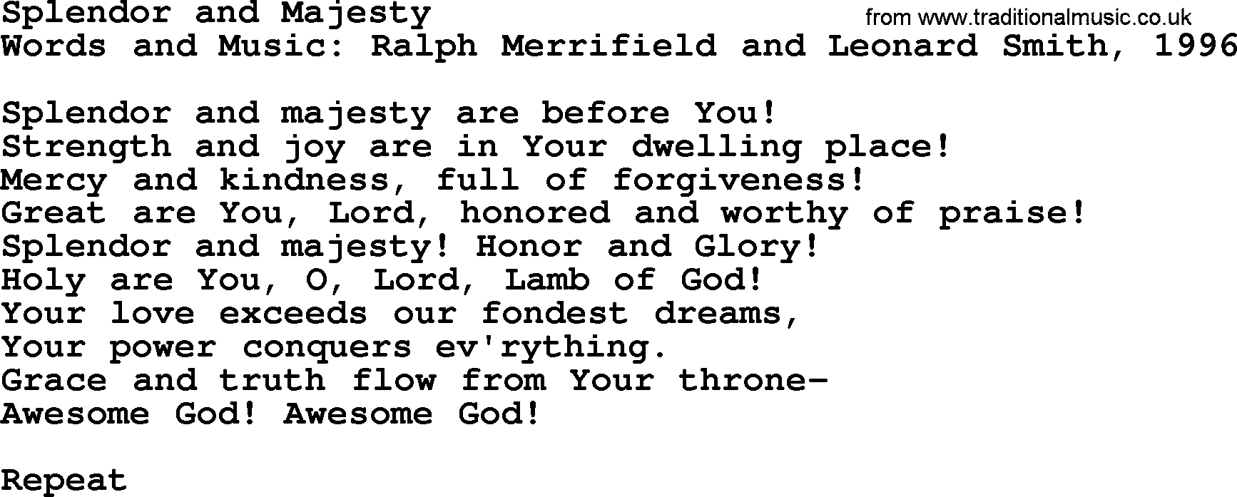 Forgiveness hymns, Hymn: Splendor And Majesty, lyrics with PDF