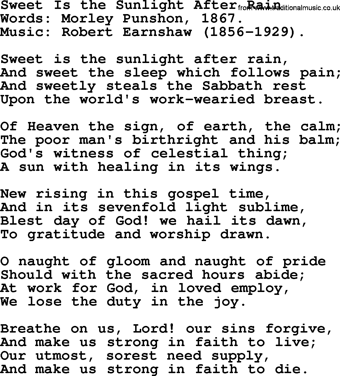 Forgiveness hymns, Hymn: Sweet Is The Sunlight After Rain, lyrics with PDF