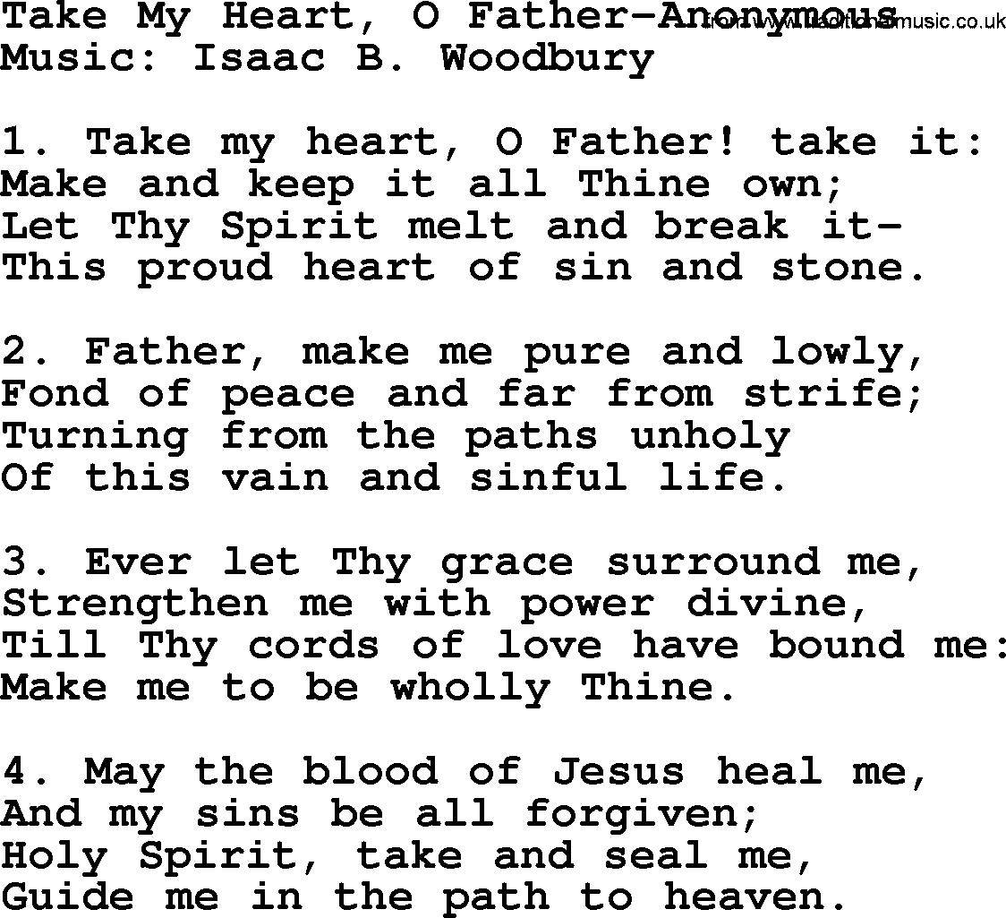 Forgiveness hymns, Hymn: Take My Heart, O Father-Anonymous, lyrics with PDF