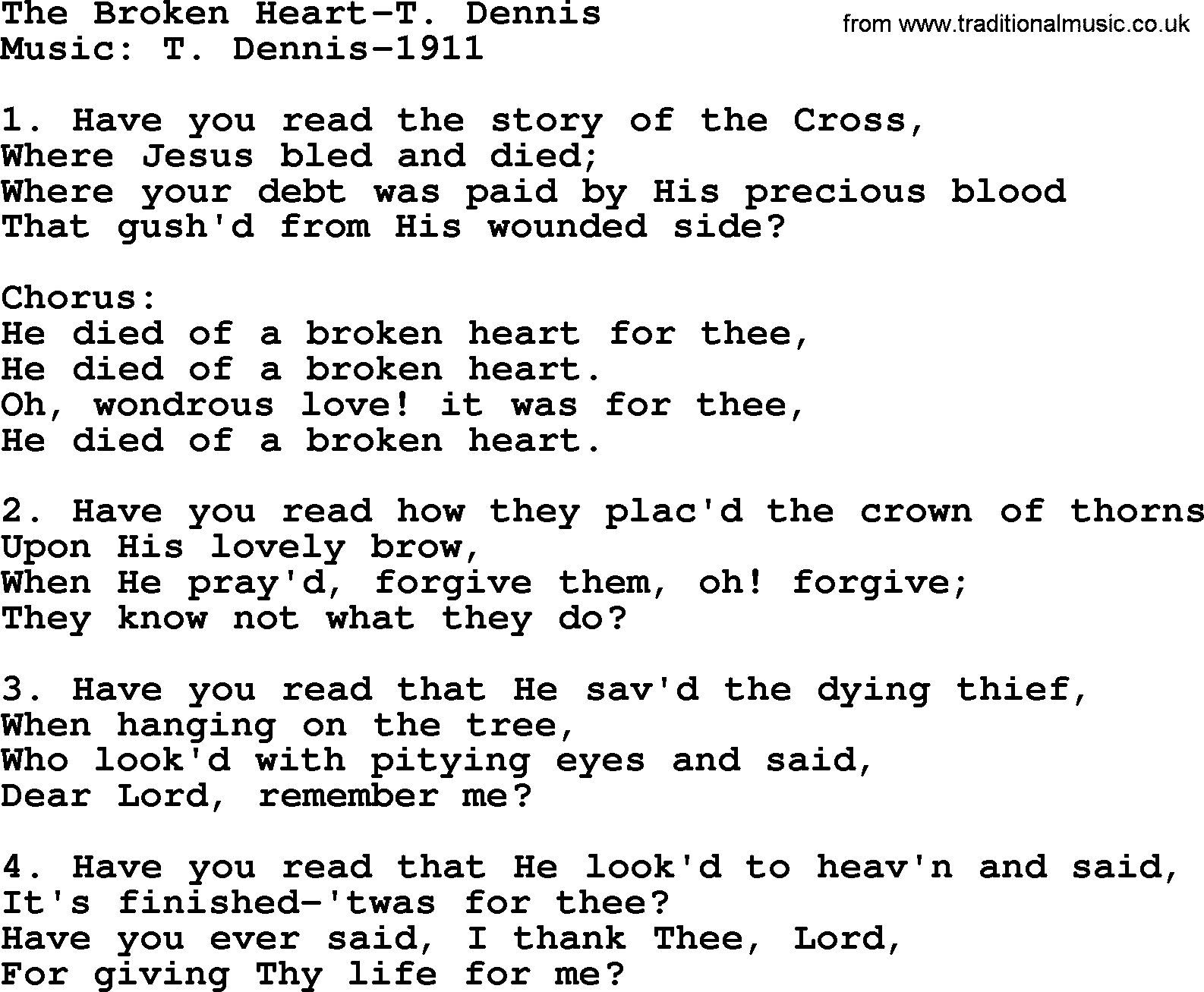 Forgiveness hymns, Hymn: The Broken Heart-T. Dennis, lyrics with PDF