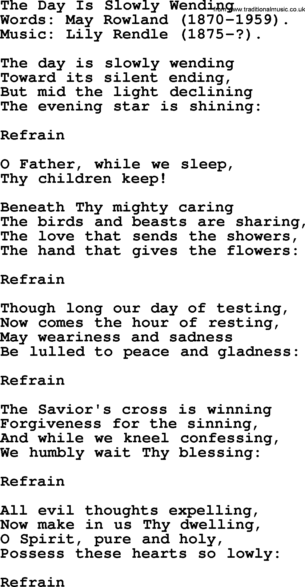 Forgiveness hymns, Hymn: The Day Is Slowly Wending, lyrics with PDF