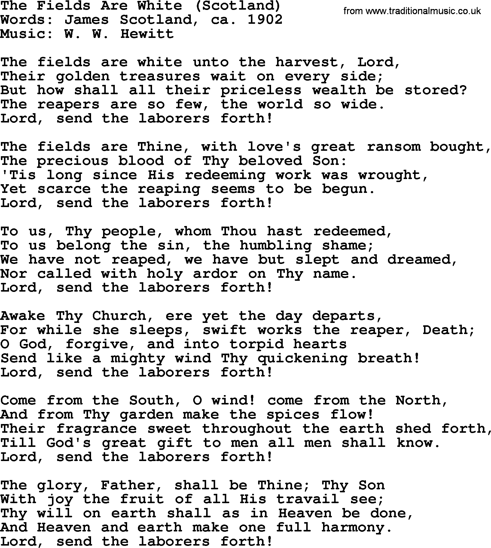 Forgiveness hymns, Hymn: The Fields Are White (Scotland), lyrics with PDF