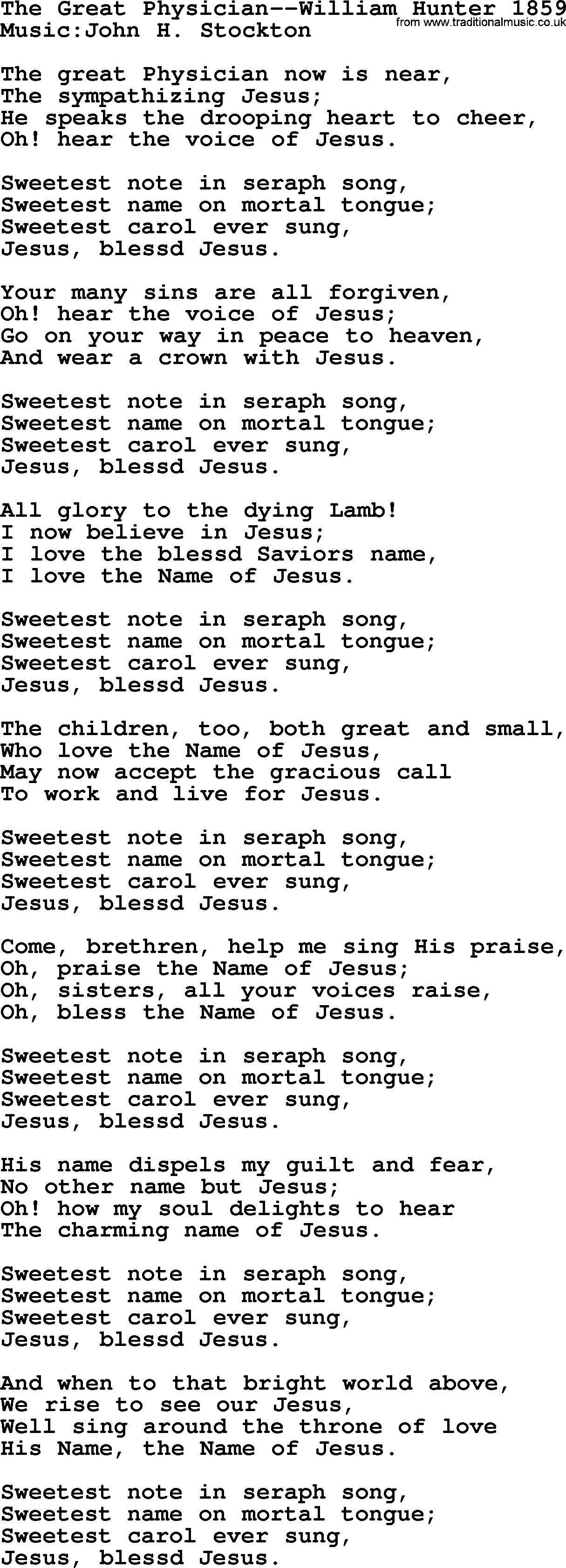 Forgiveness hymns, Hymn: The Great Physician-William Hunter 1859, lyrics with PDF