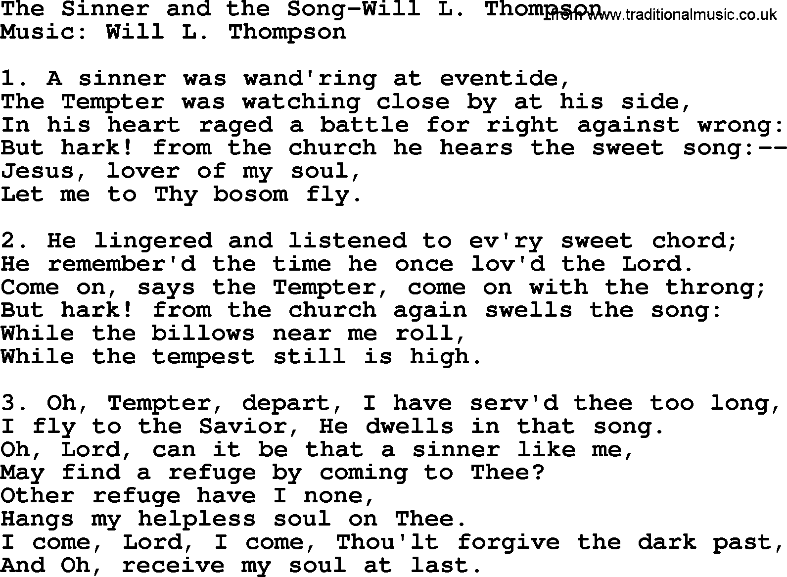 Forgiveness hymns, Hymn: The Sinner And The Song-Will L. Thompson, lyrics with PDF