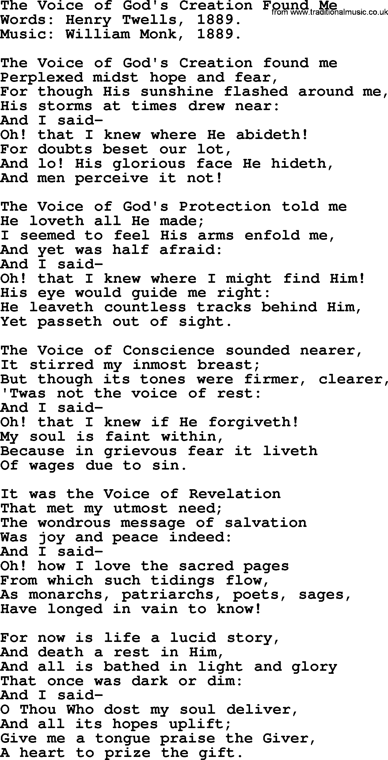 Forgiveness hymns, Hymn: The Voice Of God's Creation Found Me, lyrics with PDF