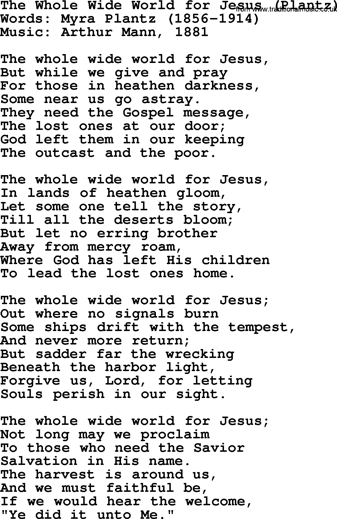 Forgiveness hymns, Hymn: The Whole Wide World For Jesus (Plantz), lyrics with PDF