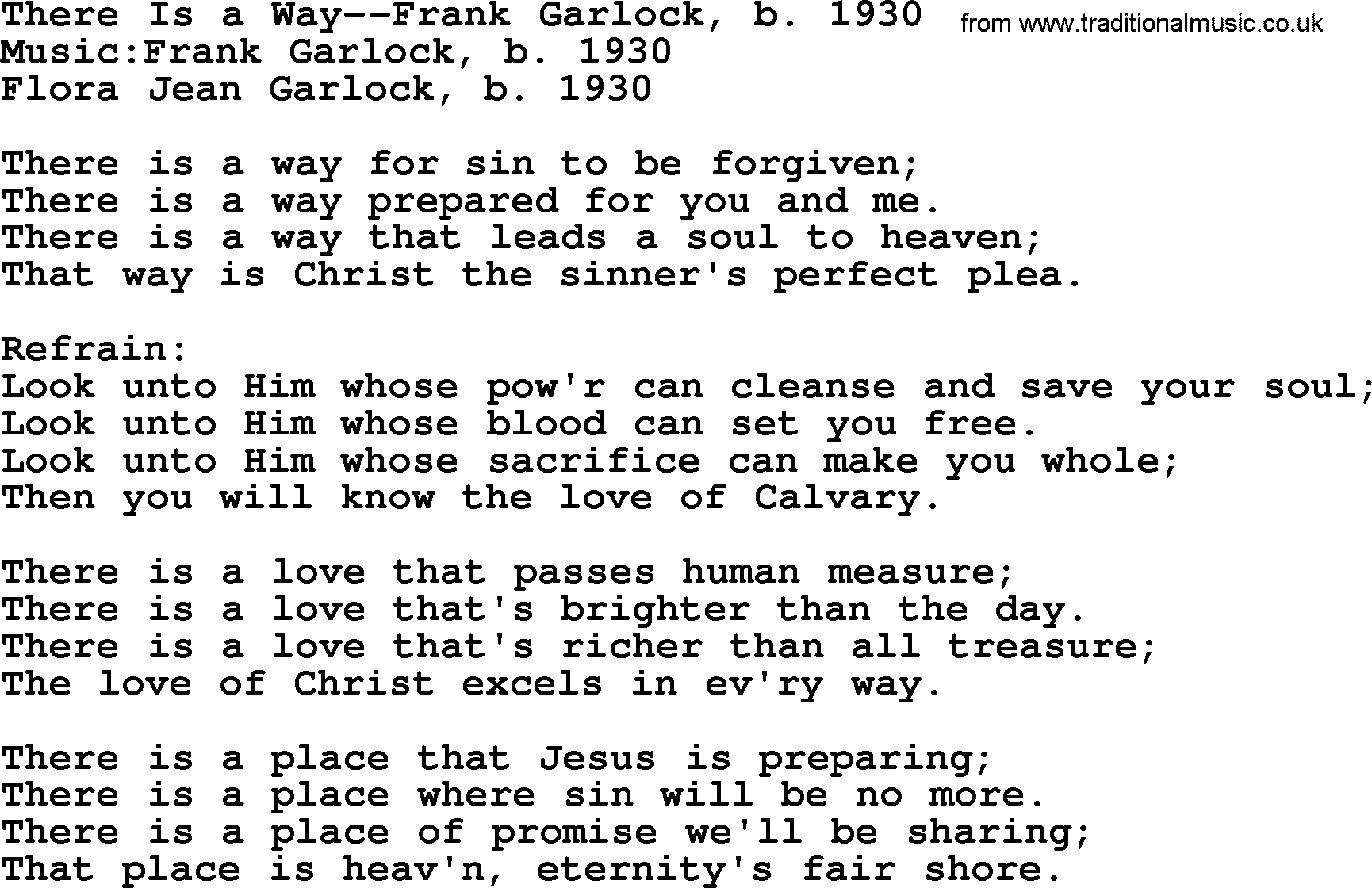 Forgiveness hymns, Hymn: There Is A Way-Frank Garlock, lyrics with PDF
