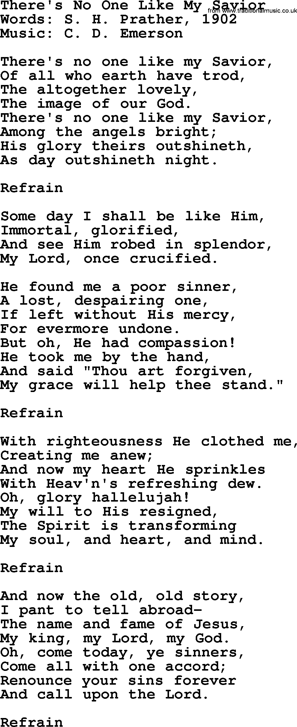 Forgiveness hymns, Hymn: There's No One Like My Savior, lyrics with PDF