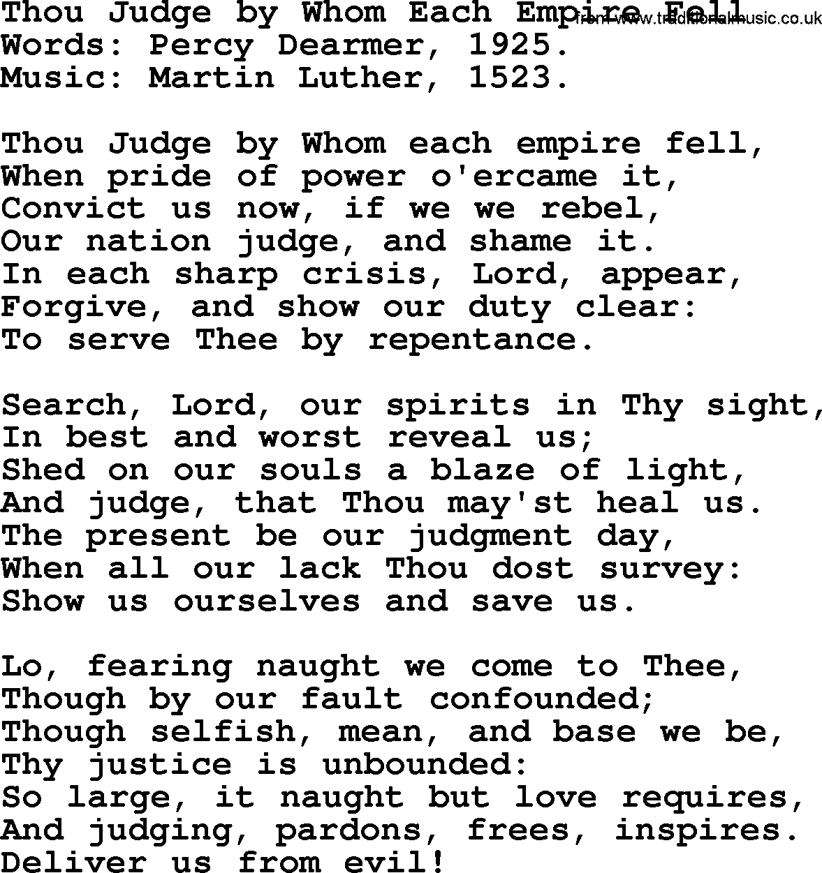 Forgiveness hymns, Hymn: Thou Judge By Whom Each Empire Fell, lyrics with PDF