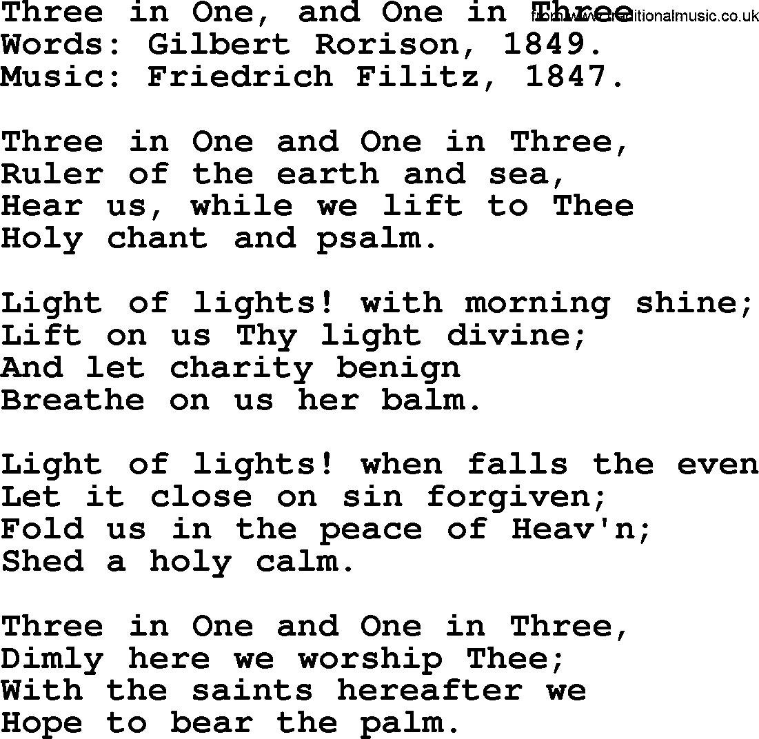 Forgiveness hymns, Hymn: Three In One, And One In Three, lyrics with PDF