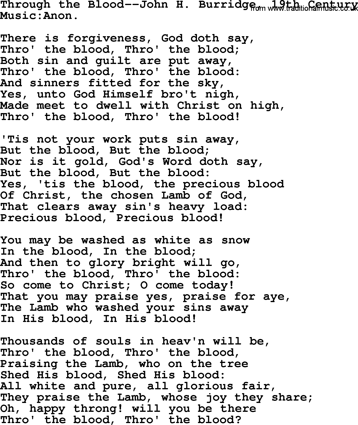 Forgiveness hymns, Hymn: Through The Blood-John H Burridge, 19thc, lyrics with PDF