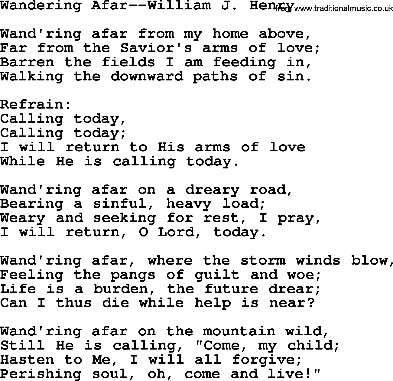 Forgiveness hymns, Hymn: Wandering Afar-William J. Henry, lyrics with PDF
