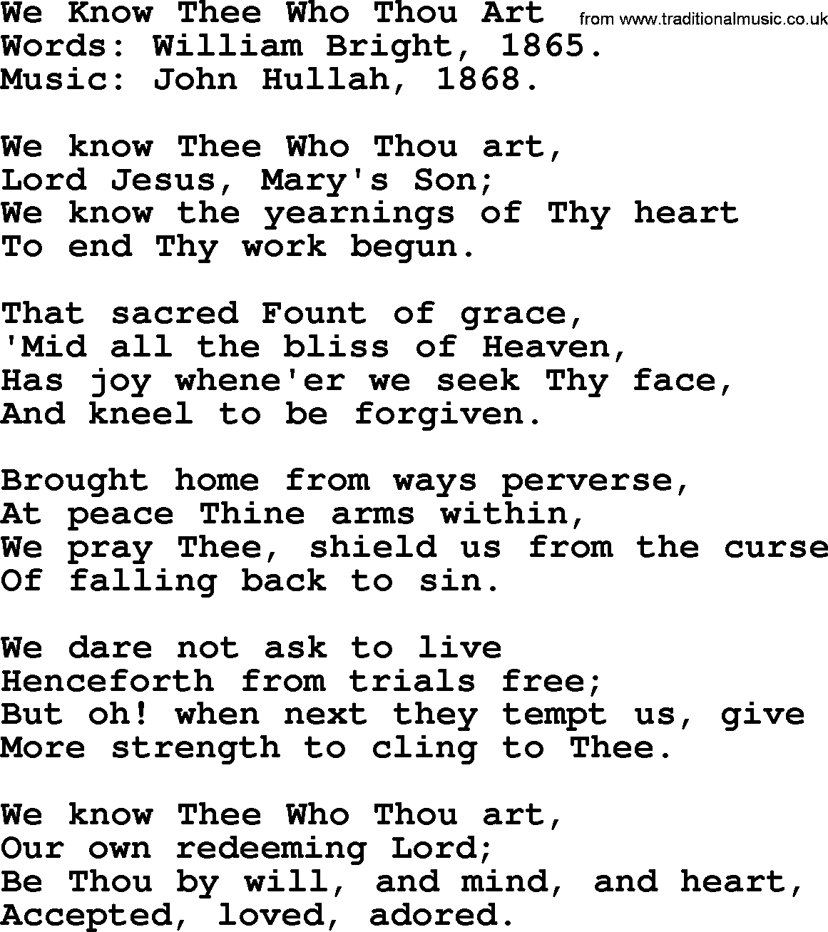 Forgiveness hymns, Hymn: We Know Thee Who Thou Art, lyrics with PDF