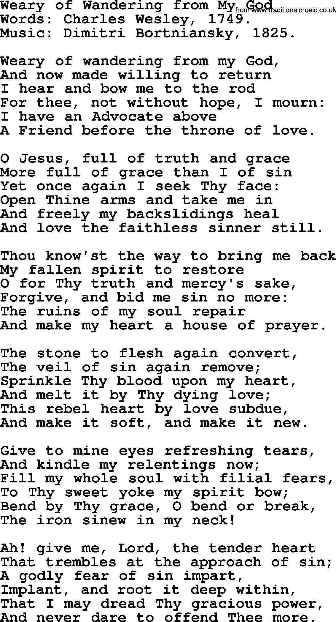 Forgiveness hymns, Hymn: Weary Of Wandering From My God, lyrics with PDF