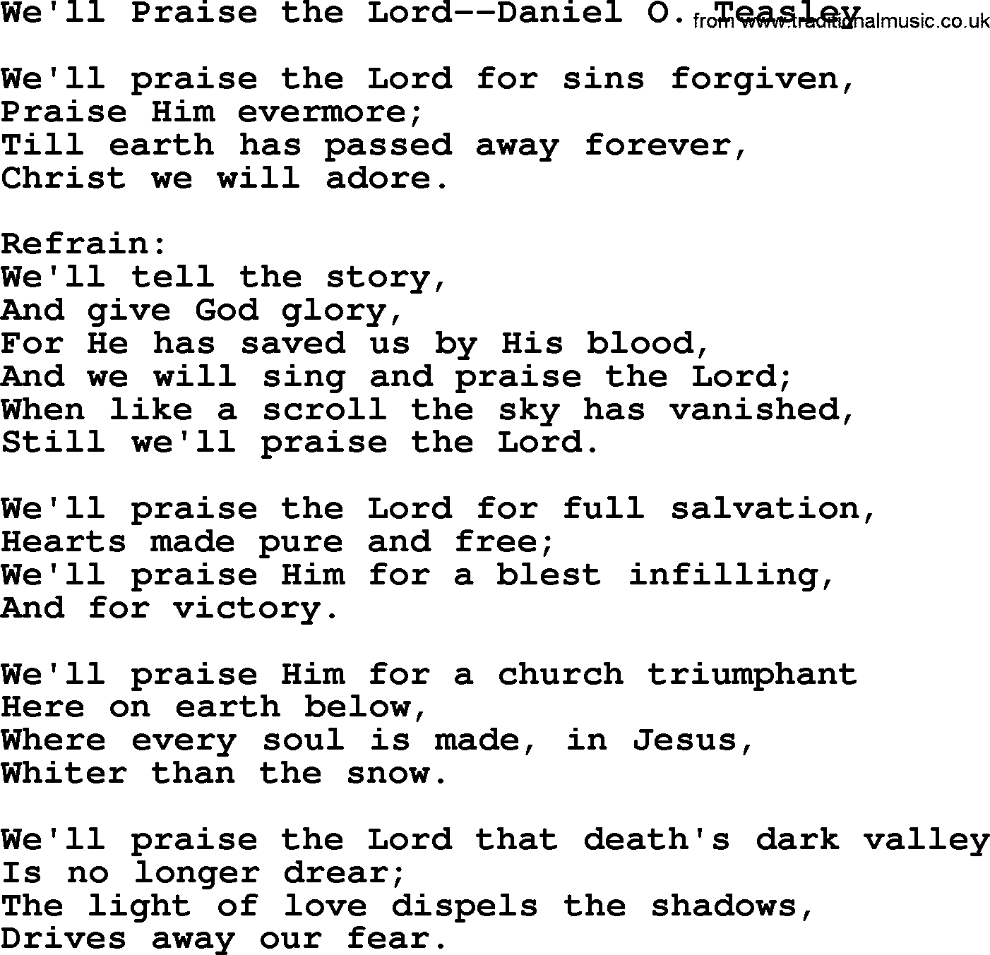 Forgiveness hymns, Hymn: We'll Praise The Lord-Daniel O. Teasley, lyrics with PDF