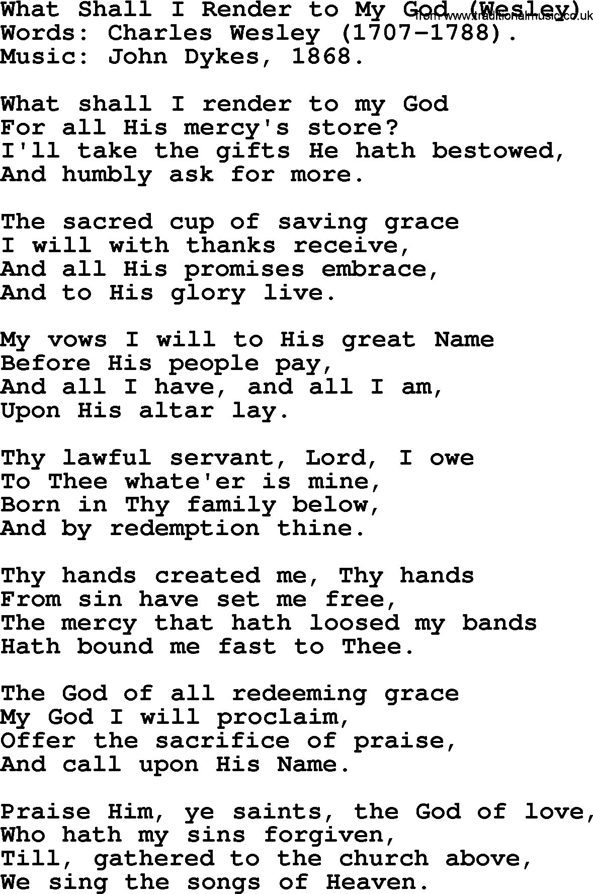Forgiveness hymns, Hymn: What Shall I Render To My God (Wesley), lyrics with PDF