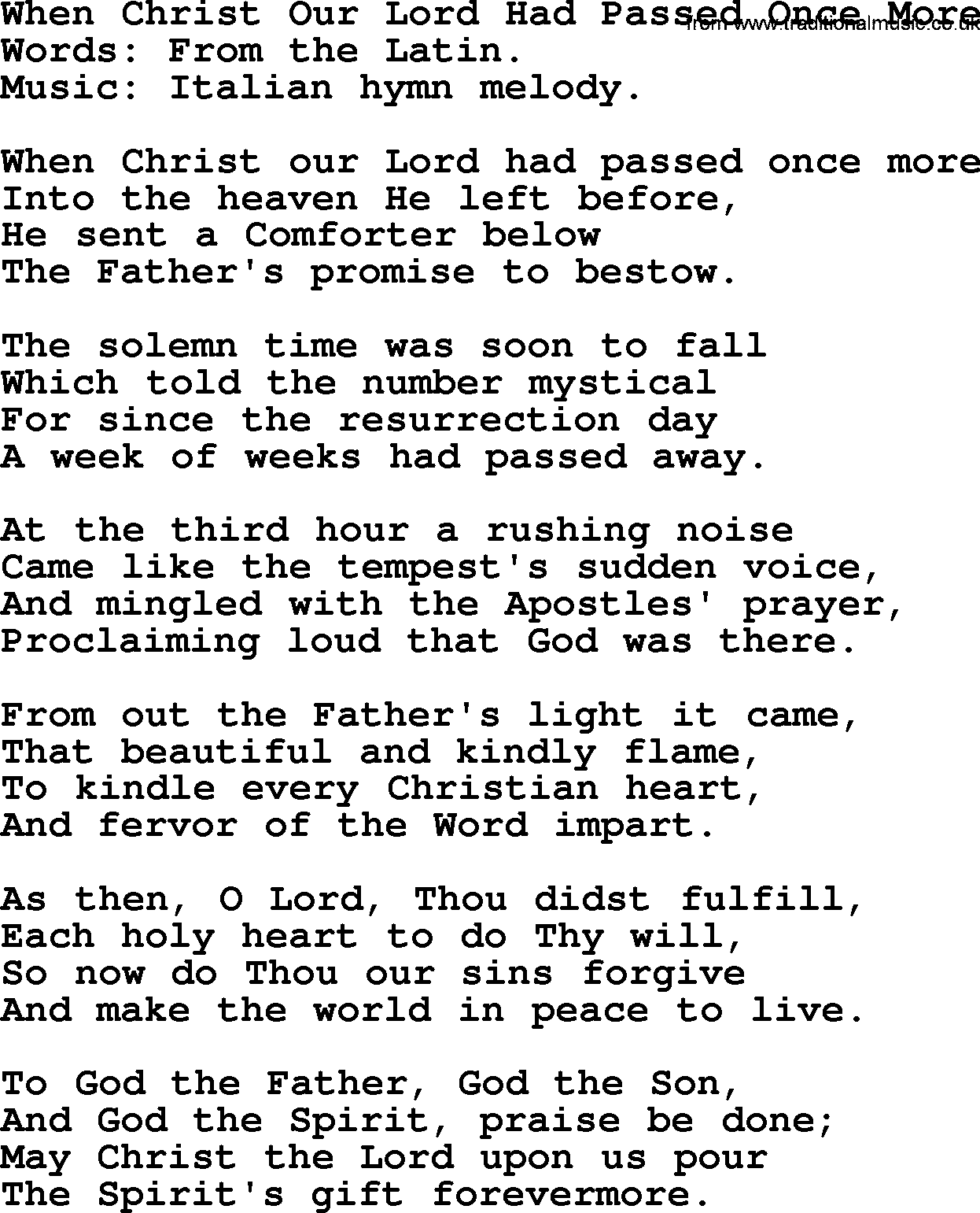 Forgiveness hymns, Hymn: When Christ Our Lord Had Passed Once More, lyrics with PDF