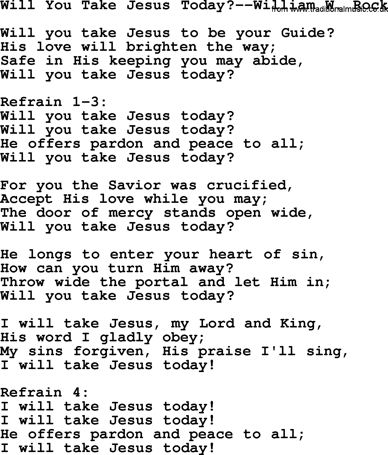 Forgiveness hymns, Hymn: Will You Take Jesus Today-William W. Rock, lyrics with PDF