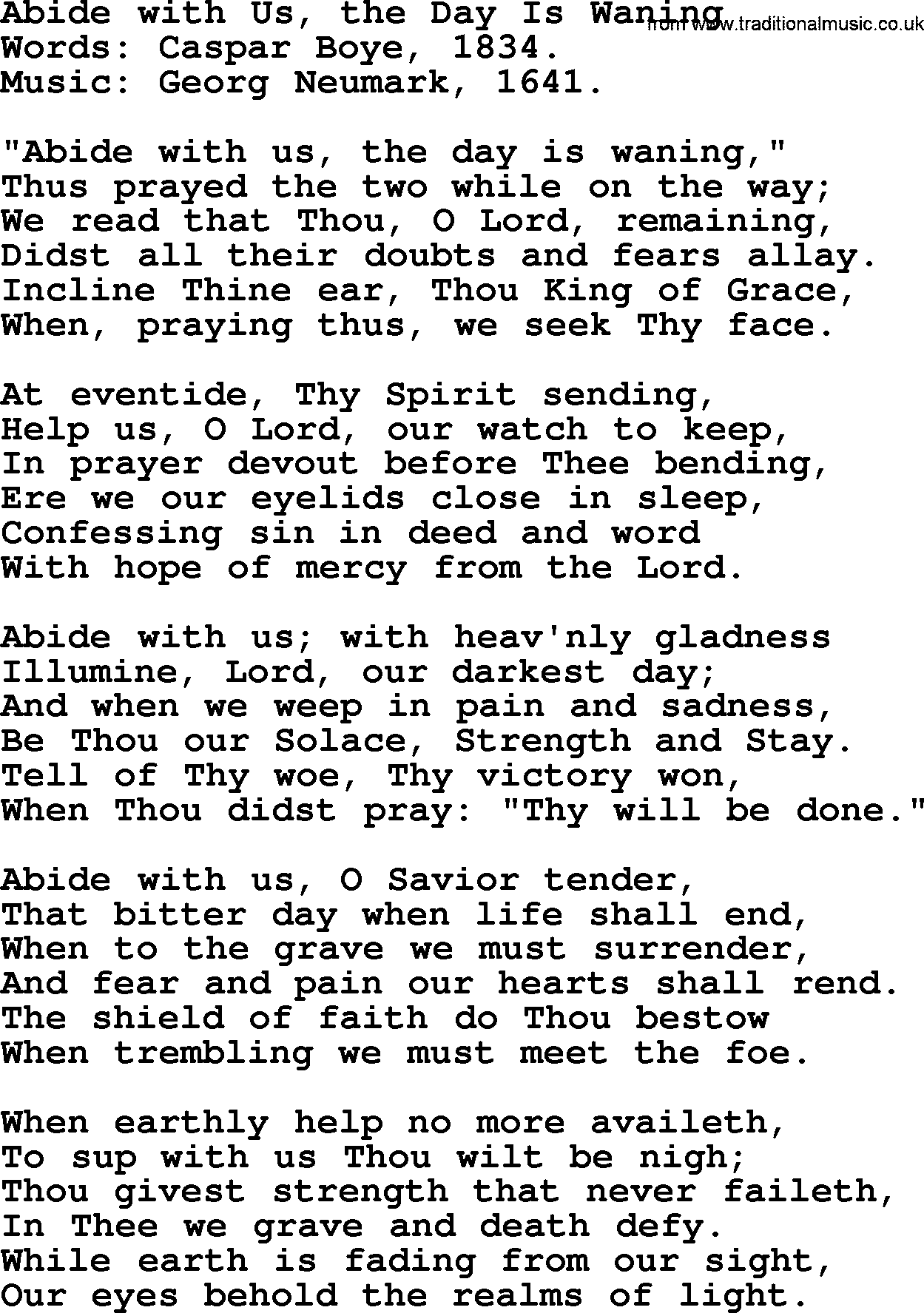 100+ Christian Funeral Hymns collection, Hymn: Abide with Us, the Day Is Waning, lyrics and PDF