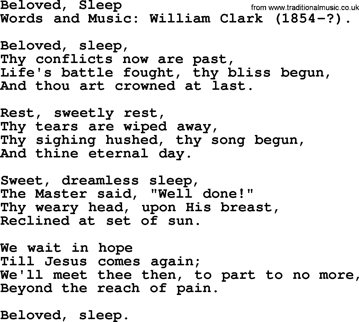 100+ Christian Funeral Hymns collection, Hymn: Beloved, Sleep, lyrics and PDF