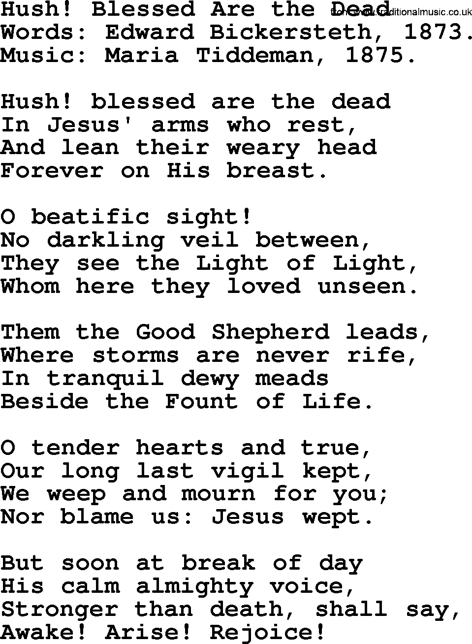 100+ Christian Funeral Hymns collection, Hymn: Hush! Blessed Are the Dead, lyrics and PDF