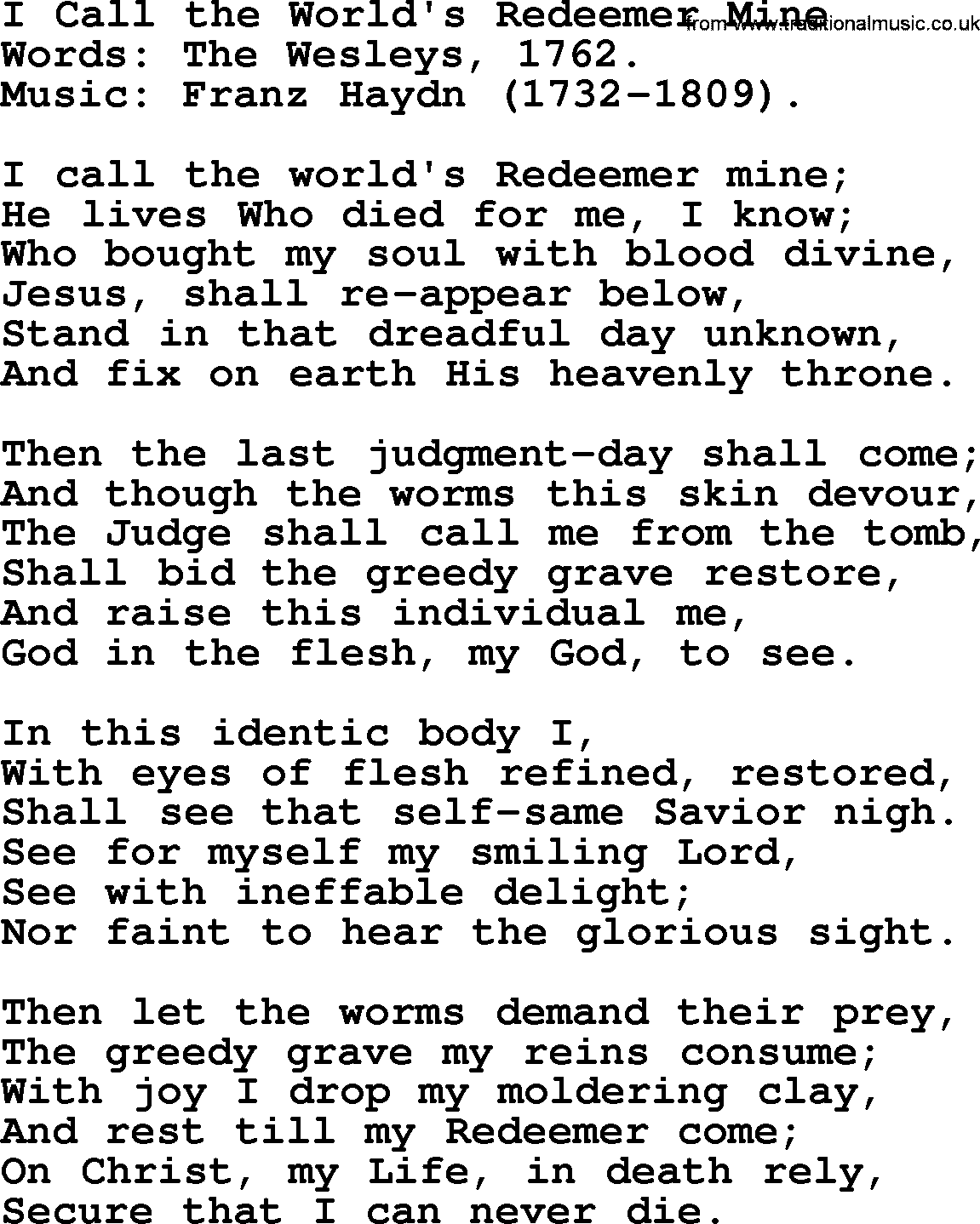 100+ Christian Funeral Hymns collection, Hymn: I Call the World's Redeemer Mine, lyrics and PDF