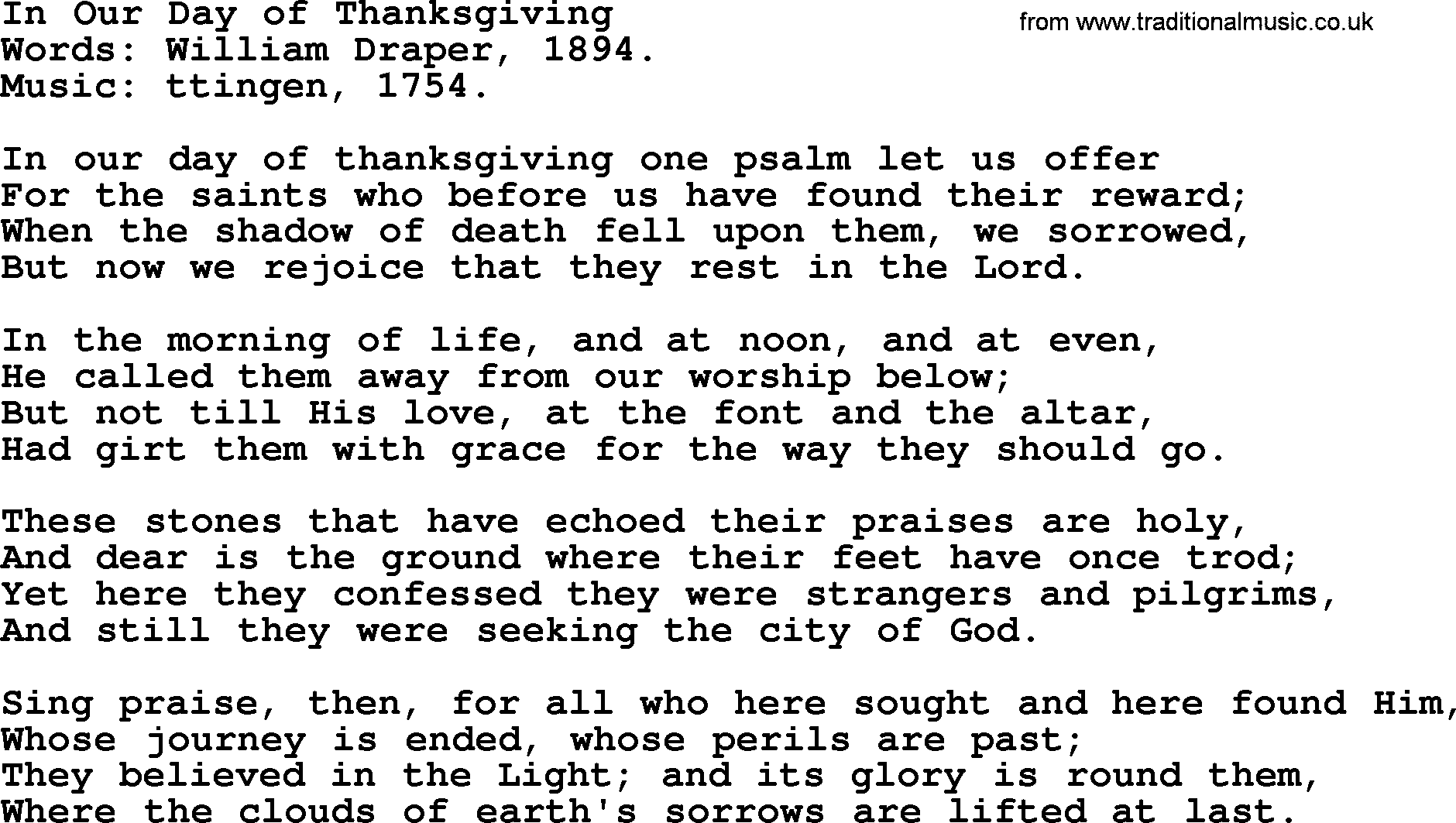 100+ Christian Funeral Hymns collection, Hymn: In Our Day of Thanksgiving, lyrics and PDF