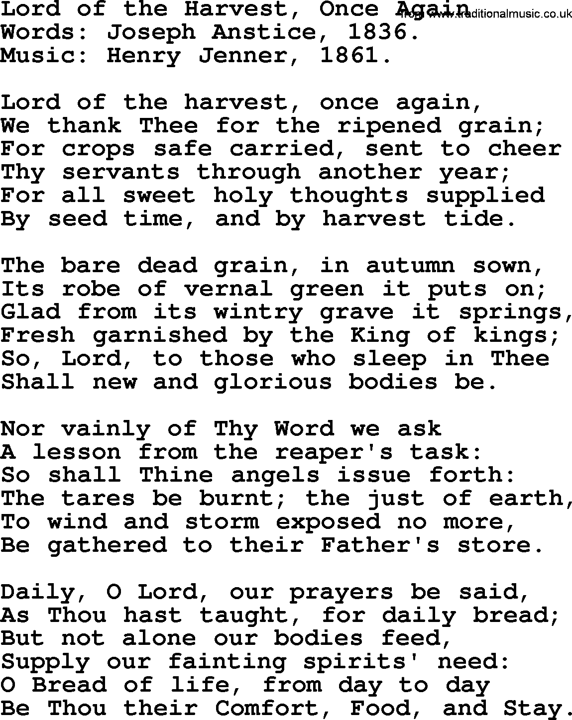 100+ Christian Funeral Hymns collection, Hymn: Lord of the Harvest, Once Again, lyrics and PDF