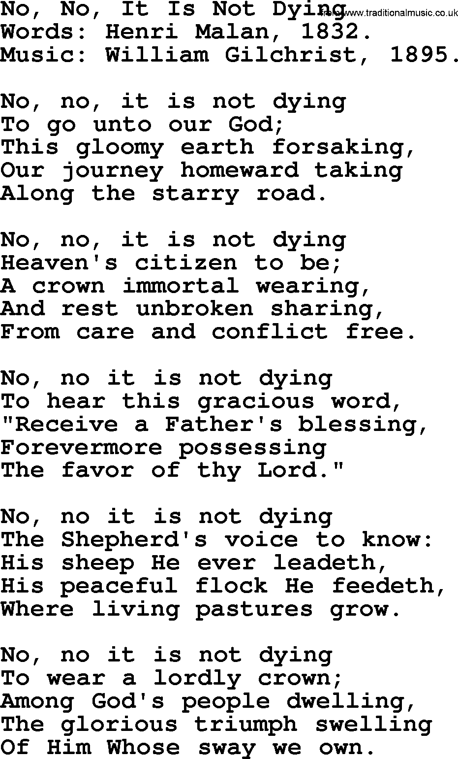 100+ Christian Funeral Hymns collection, Hymn: No, No, It Is Not Dying, lyrics and PDF