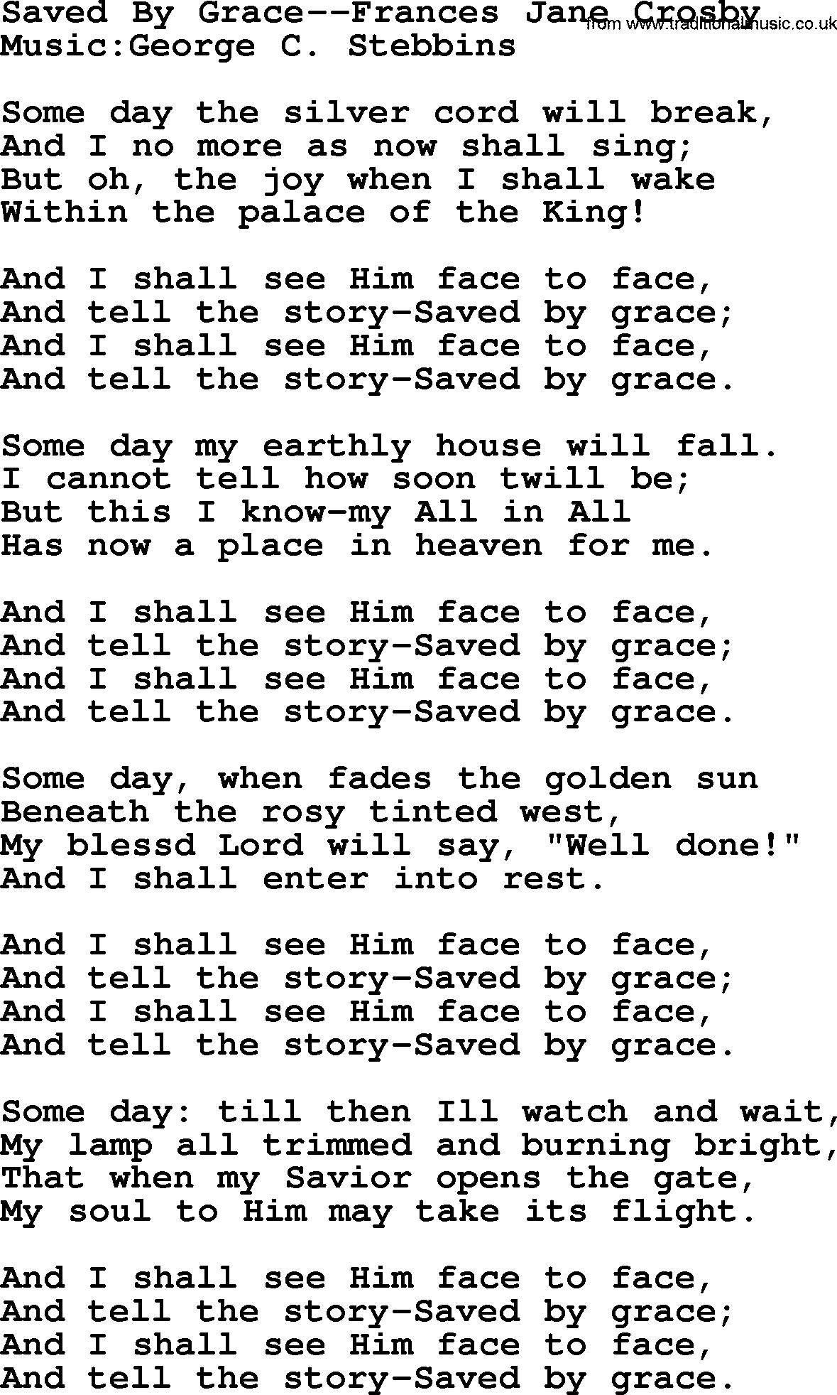 100+ Christian Funeral Hymns collection, Hymn: Saved By Grace-Frances Jane Crosby, lyrics and PDF