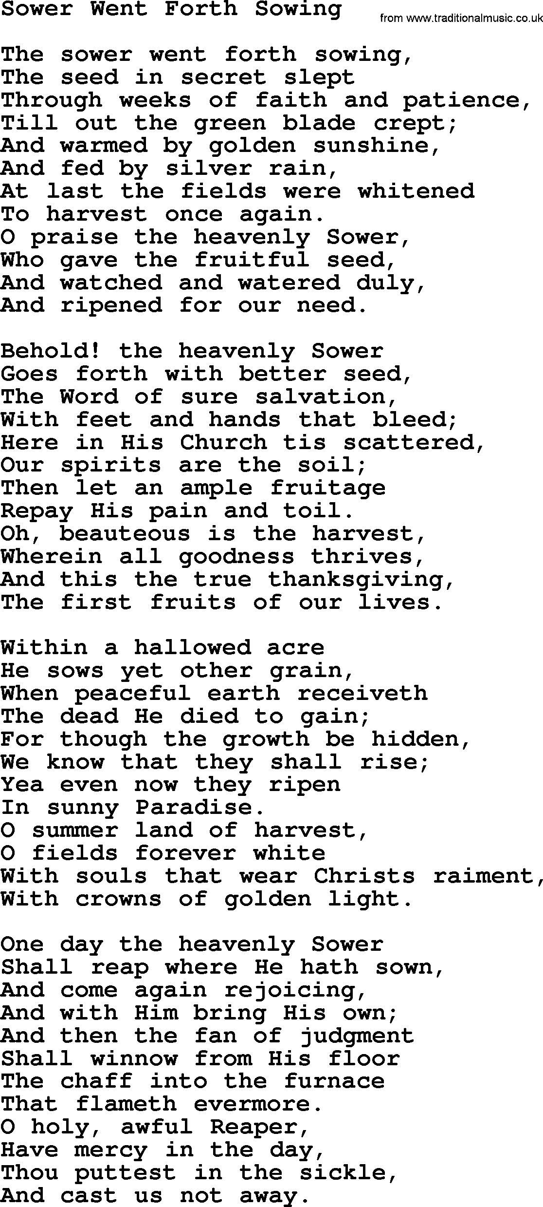 100+ Christian Funeral Hymns collection, Hymn: Sower Went Forth Sowing, lyrics and PDF