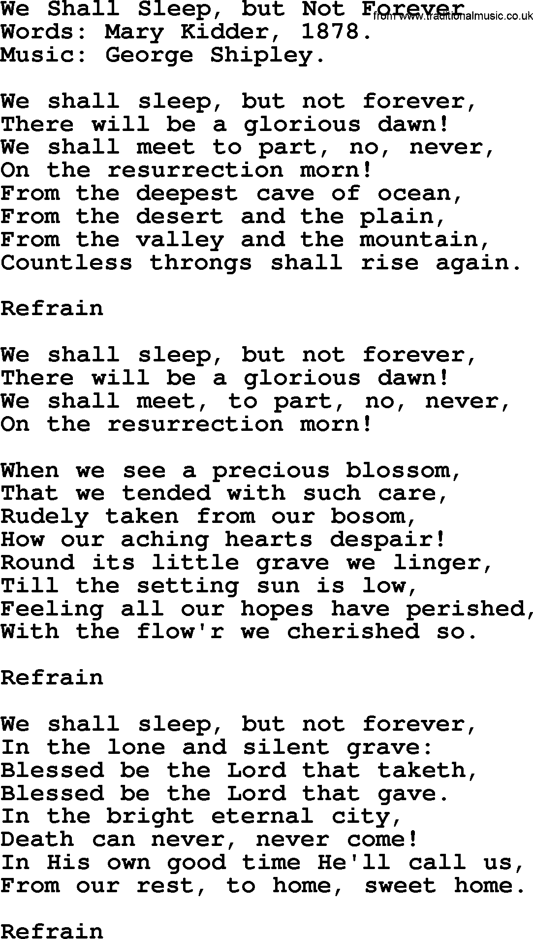 100+ Christian Funeral Hymns collection, Hymn: We Shall Sleep, but Not Forever, lyrics and PDF