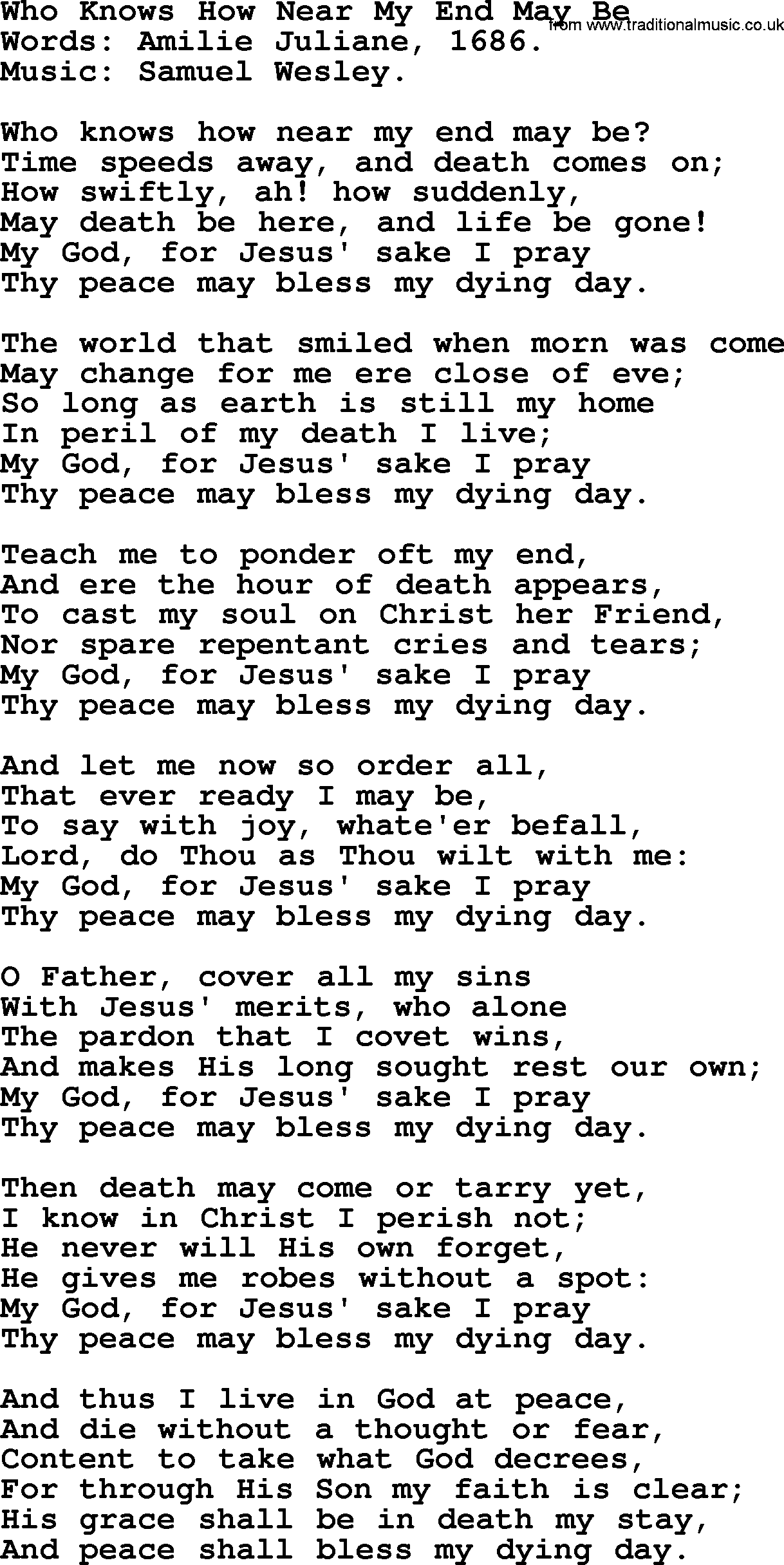 100+ Christian Funeral Hymns collection, Hymn: Who Knows How Near My End May Be, lyrics and PDF