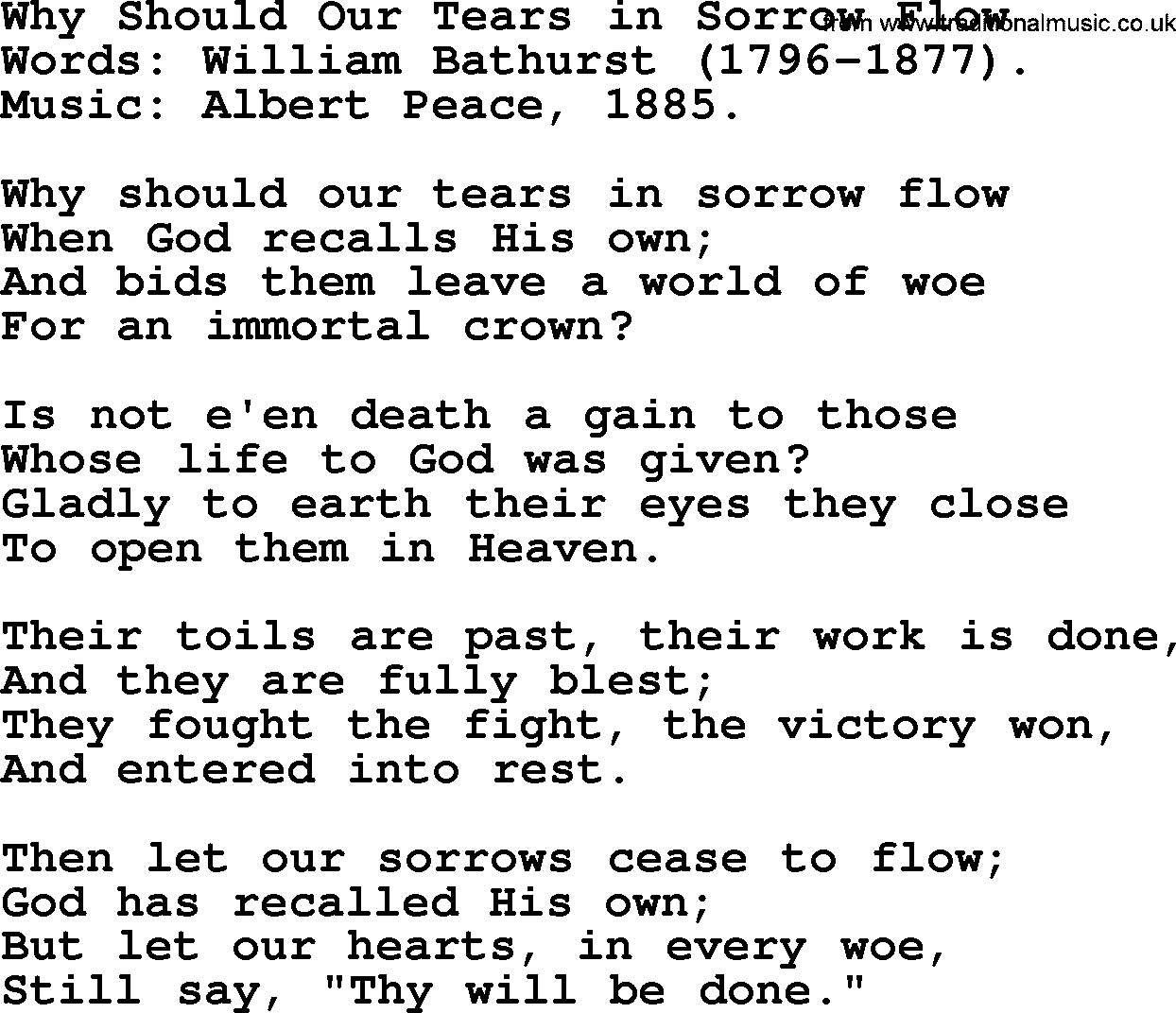 100+ Christian Funeral Hymns collection, Hymn: Why Should Our Tears in Sorrow Flow, lyrics and PDF