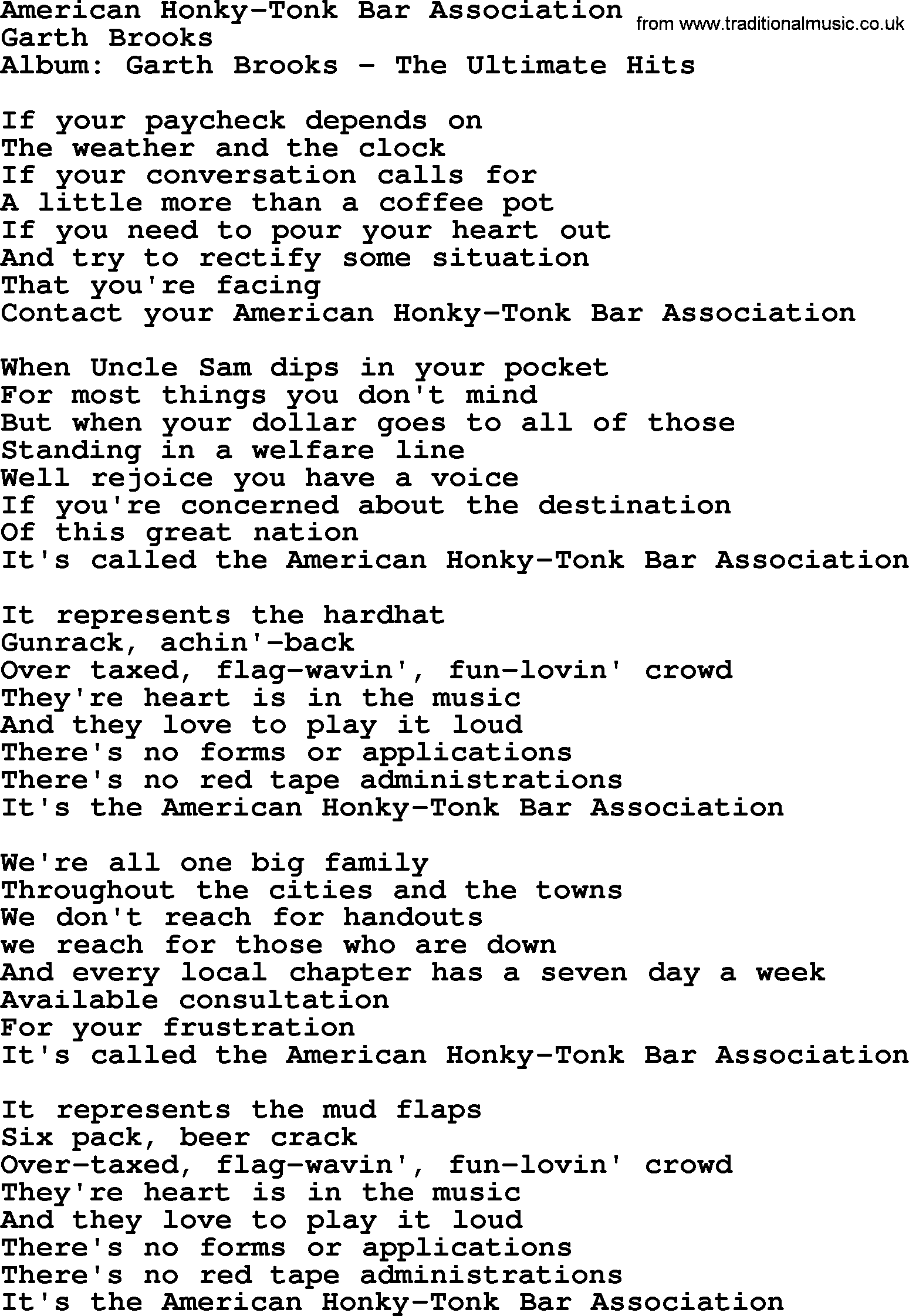 Garth Brooks song: American Honky-tonk Bar Association, lyrics