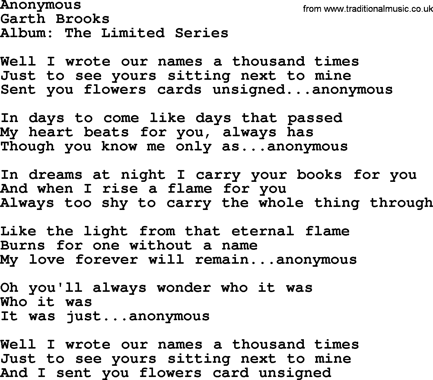 Garth Brooks song: Anonymous, lyrics