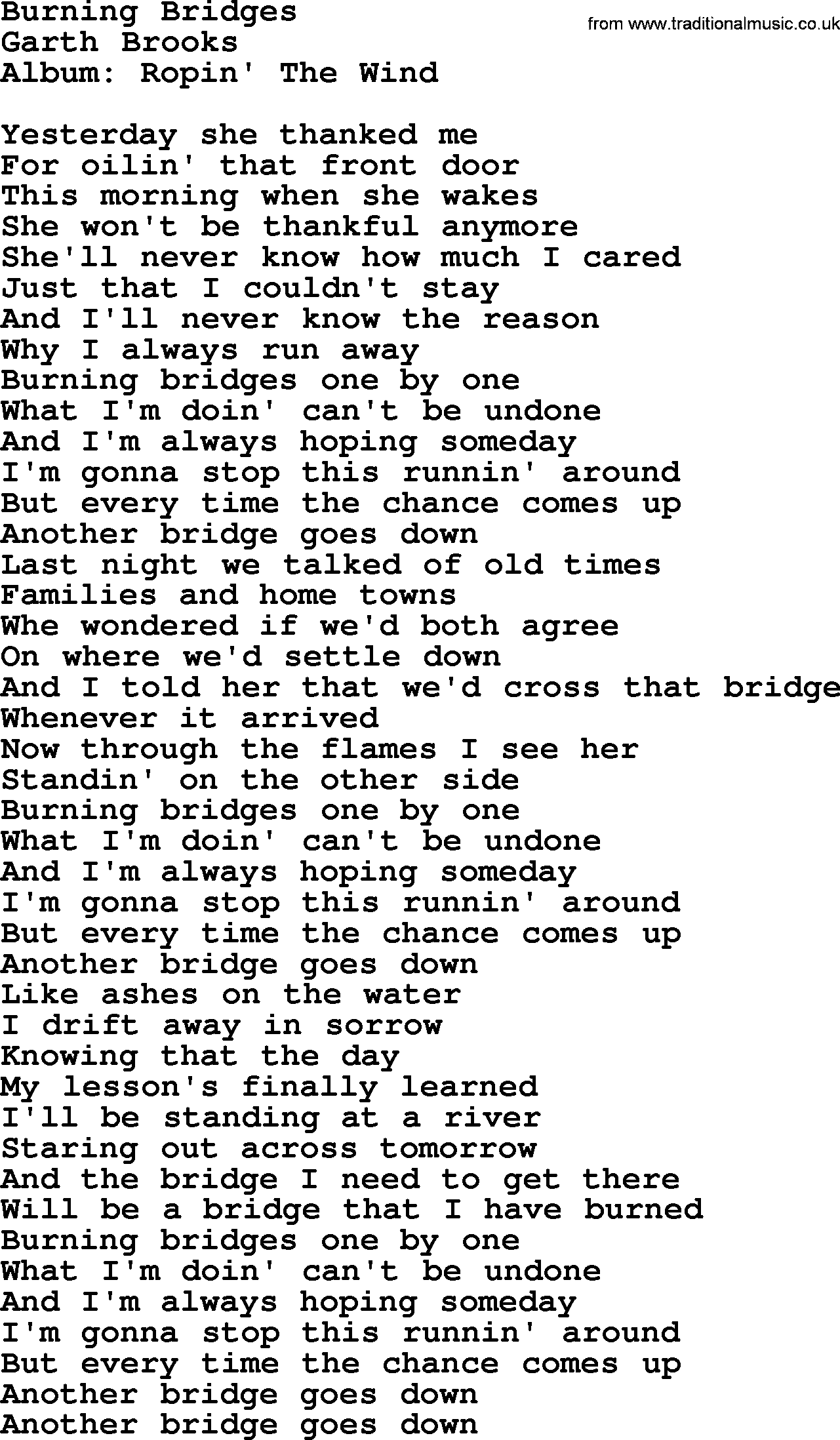 Garth Brooks song: Burning Bridges, lyrics
