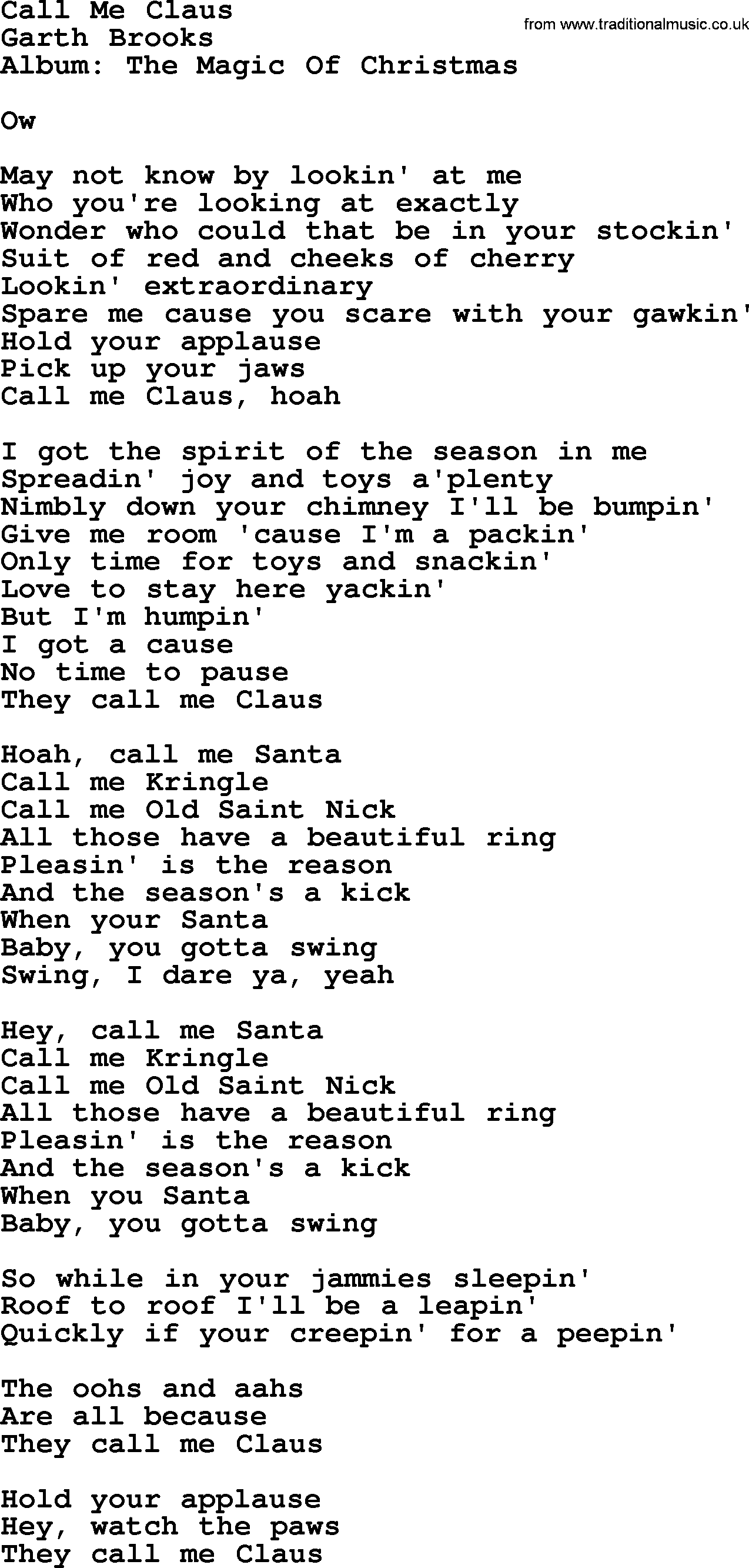 Garth Brooks song: Call Me Claus, lyrics