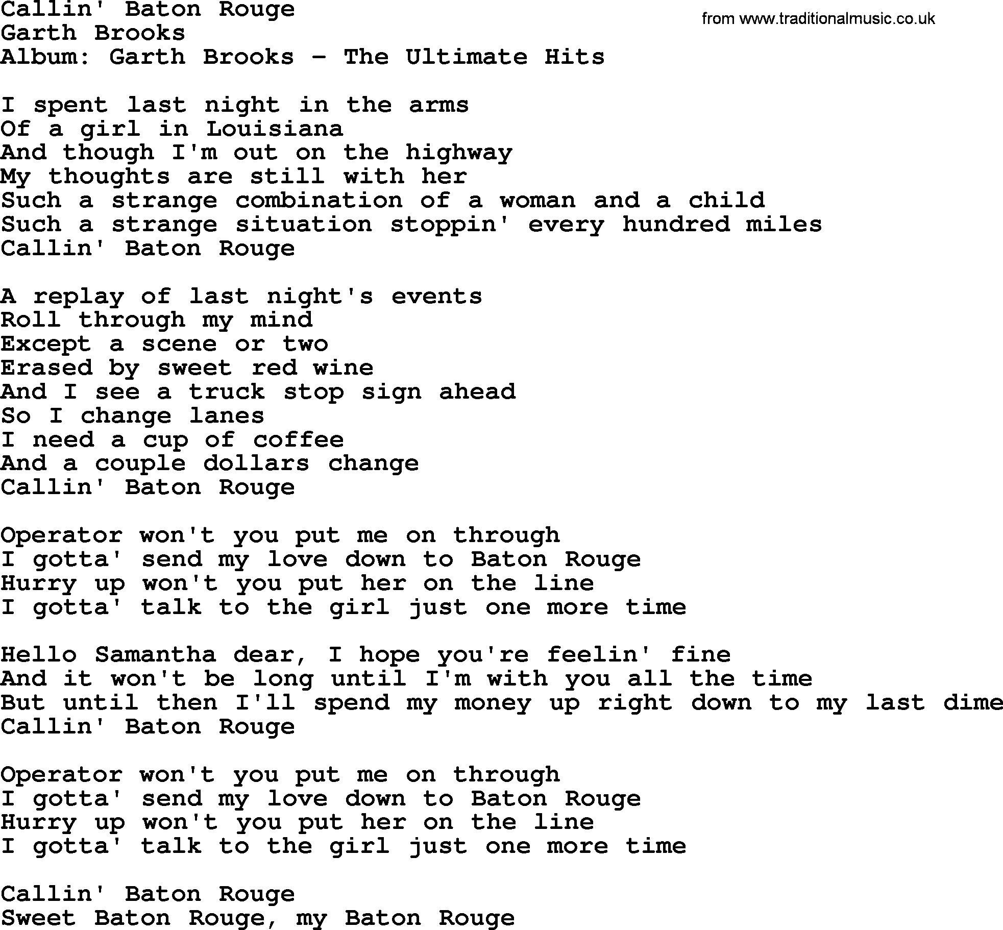 Garth Brooks song: Callin' Baton Rouge, lyrics