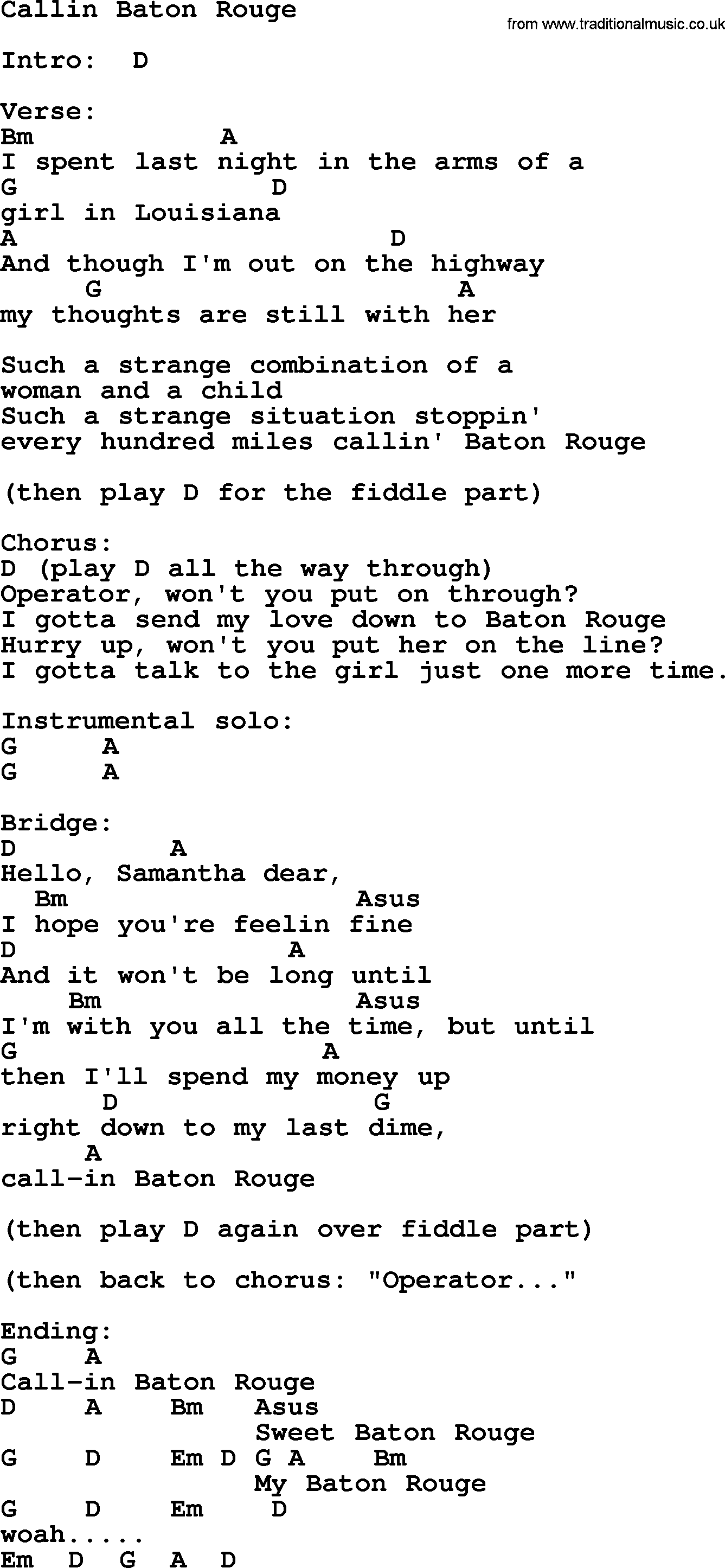 Garth Brooks song: Callin Baton Rouge, lyrics and chords